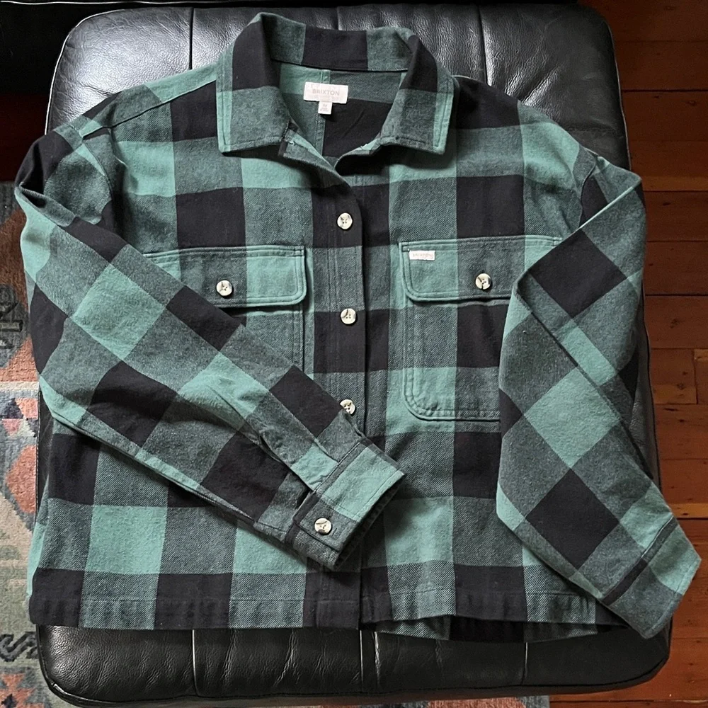 Brixton Bowery 100% Organic Cotton Shirt Jacket - Emerald Green & Black Plaid - Picture 2 of 6